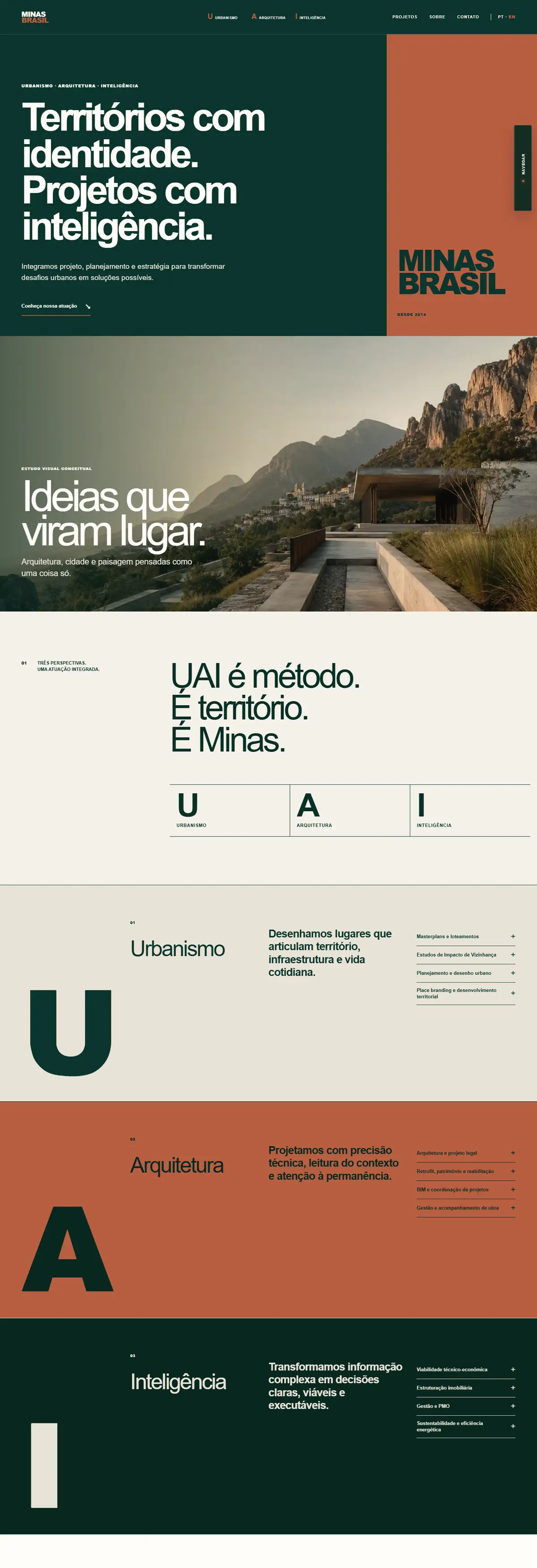 Site da Minas Brasil Arquitetura, do topo ao rodapé