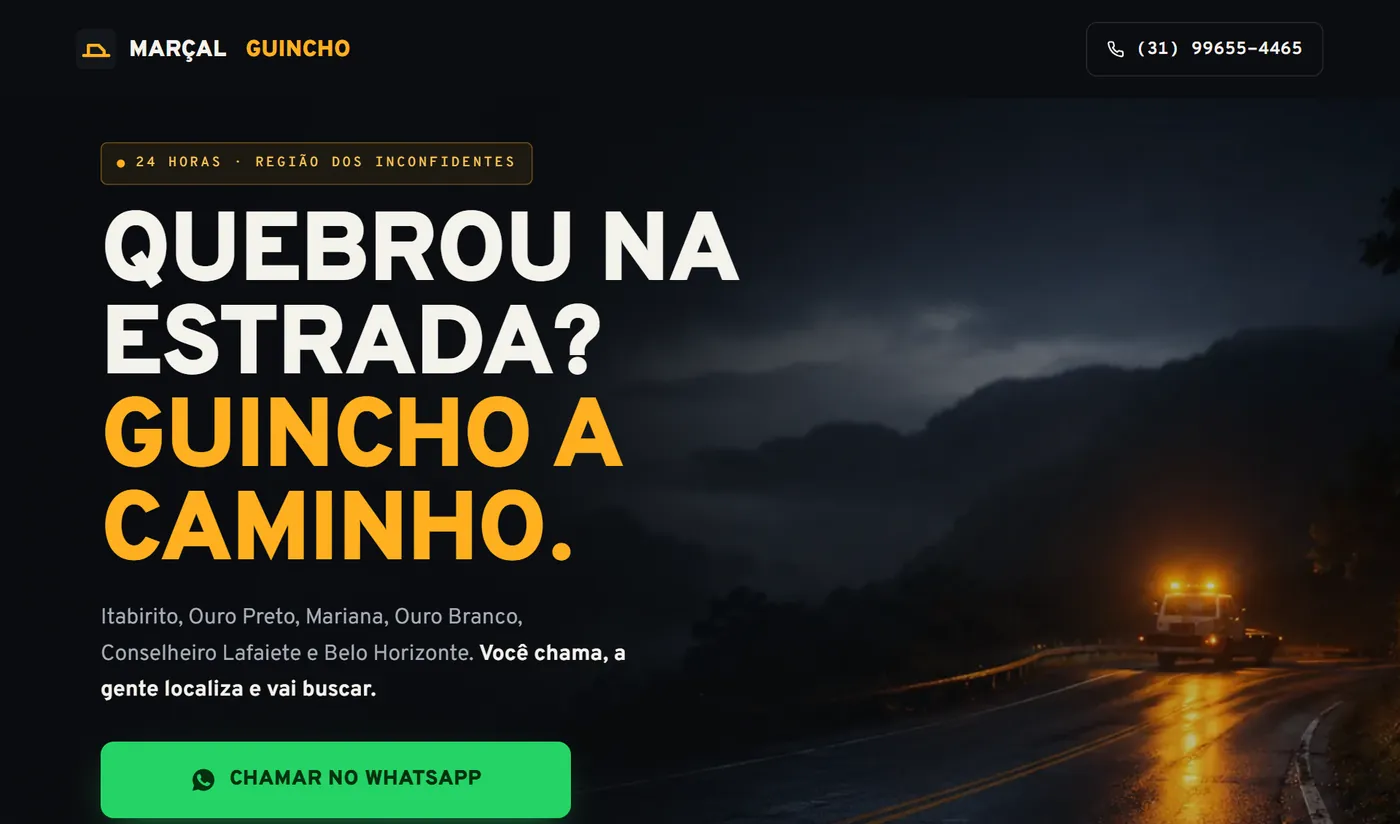 Primeira tela do site do Marçal Guincho no computador: Quebrou na estrada? Guincho a caminho, com o botão de chamar no WhatsApp