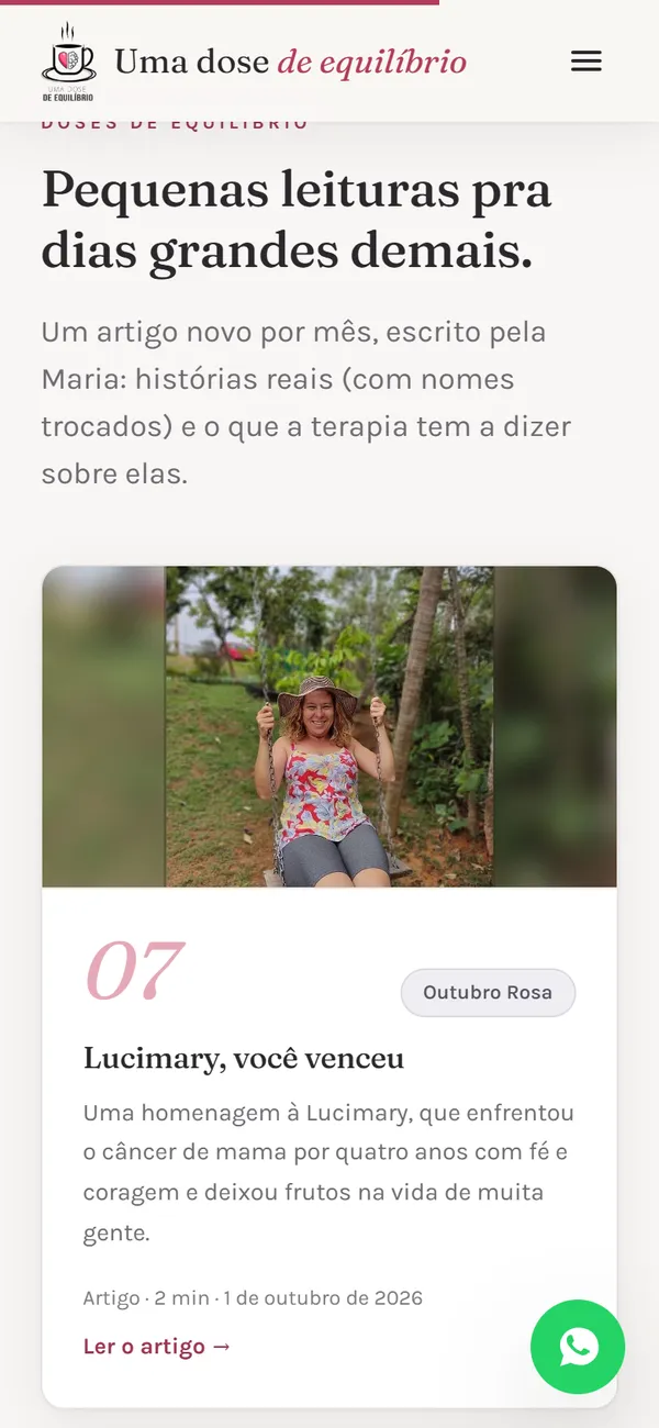 Site Uma Dose de Equilíbrio no celular: a seção de artigos, com um texto novo por mês