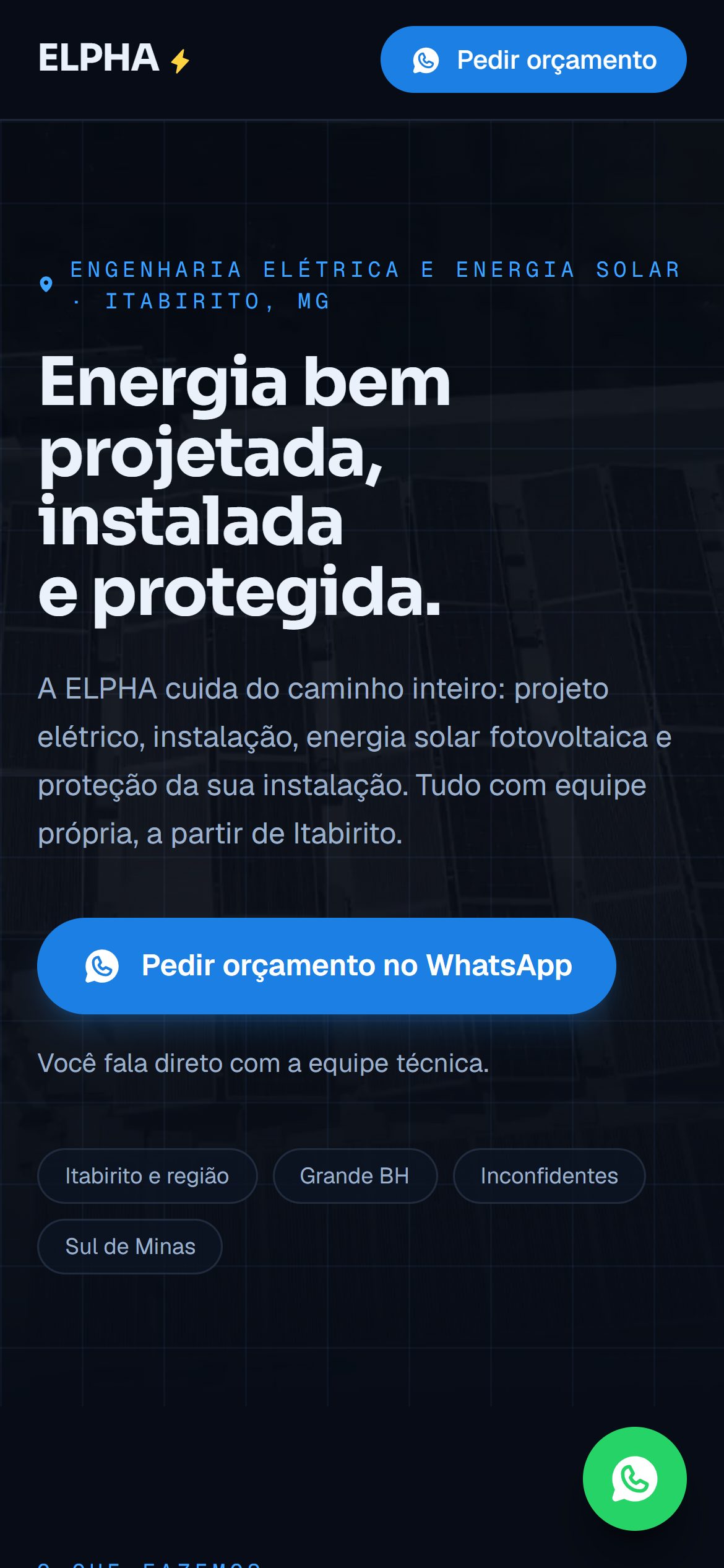 Site de ELPHA Engenharia aberto em um celular