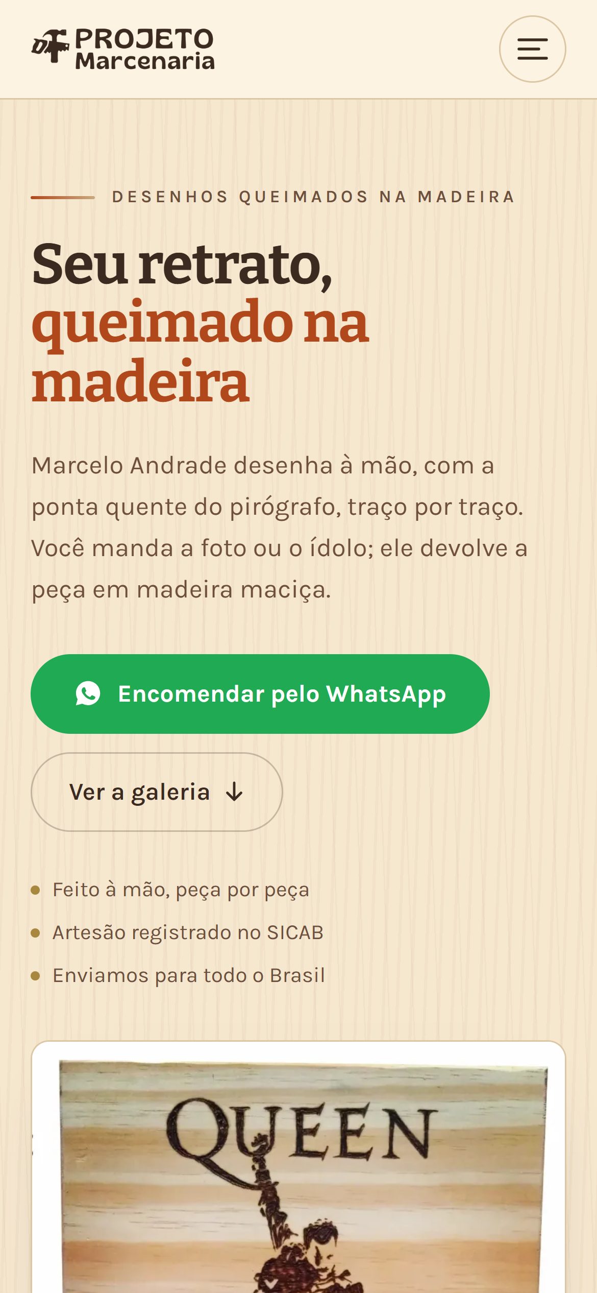 Site de Projeto Marcenaria aberto em um celular